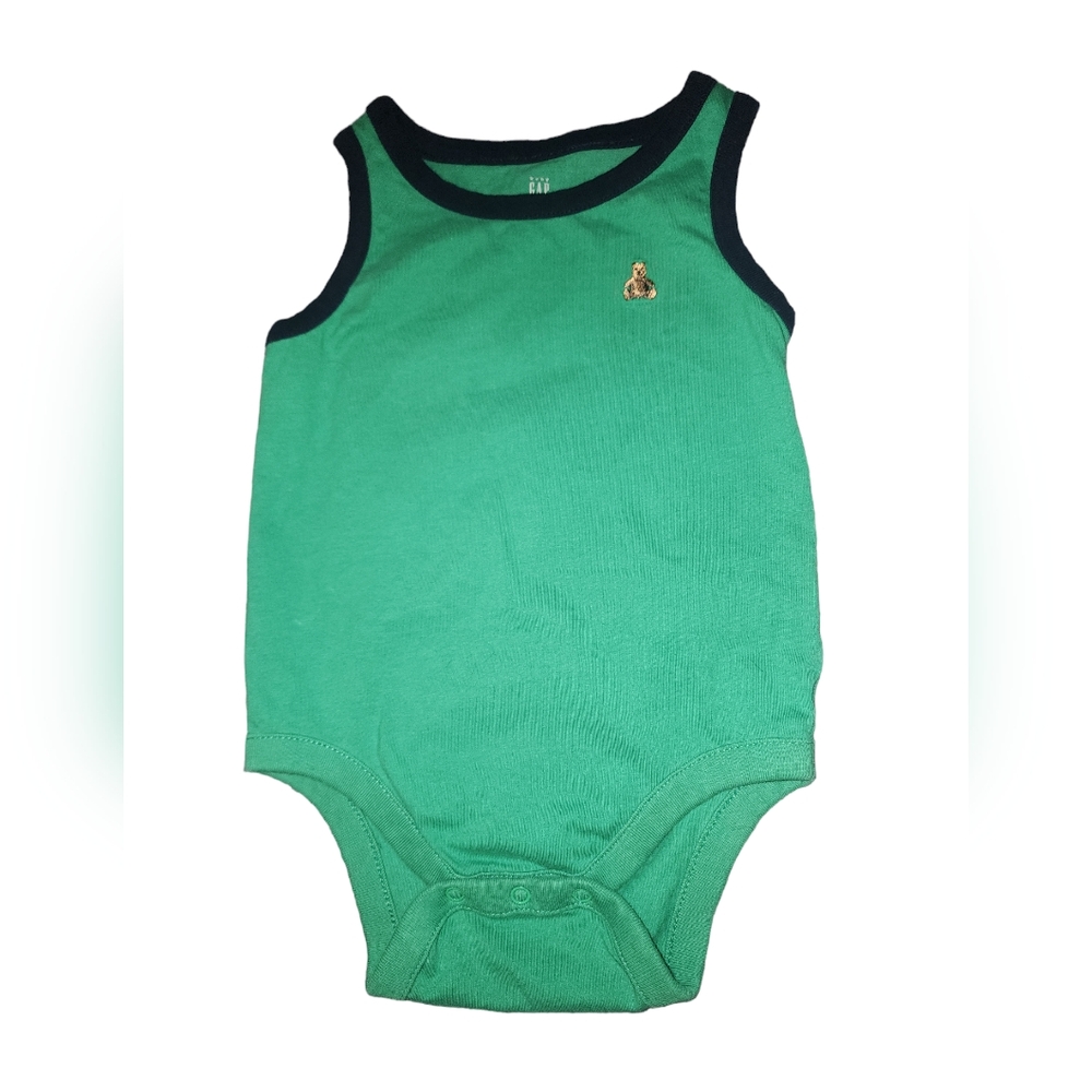 Gap- 6/12M green tank top one piece bodysuit with embroidered bear